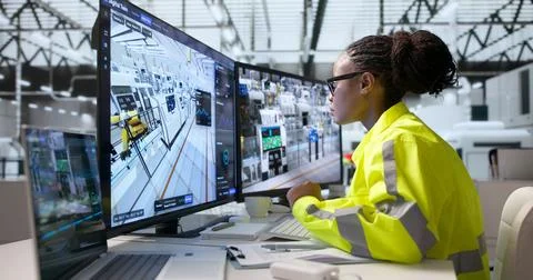 Industrial Engineer Analyzes Factory Data Using Laptop For Real-time Monitori Stock Photos