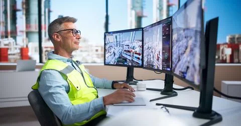 Industrial Engineer Analyzes Real-time Data Using SCADA Software At Factory. Stock Photos