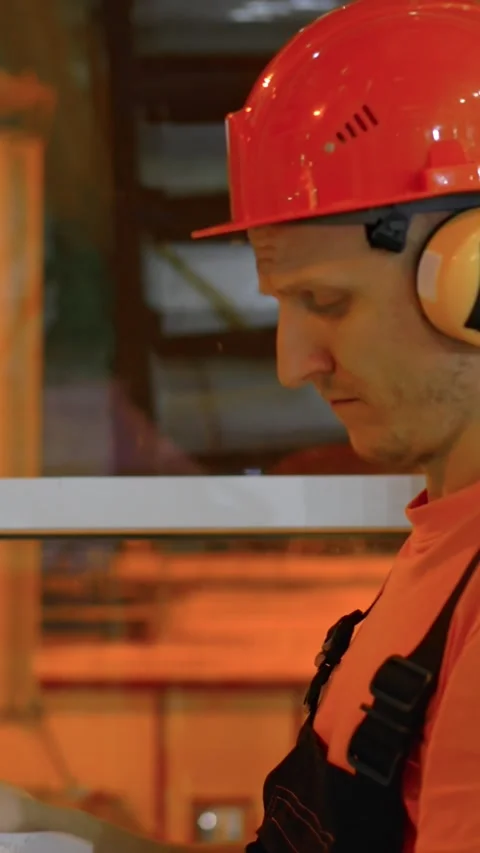 Industrial engineer analyzing technical documents at factory. Focused on Stock Footage 280499536