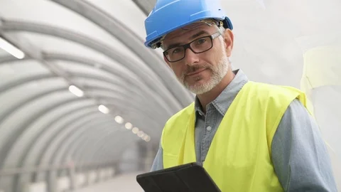 Industrial engineer connected with tablet in plant corridor Video stock 89515865