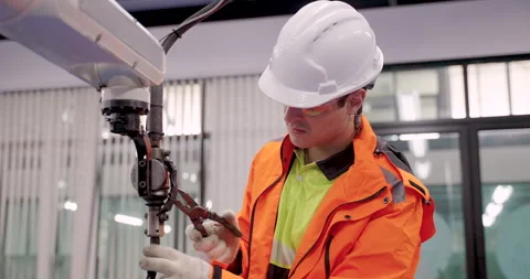 Industrial engineer in helmet inspects robotic welding arm system during Stock Footage 314303635