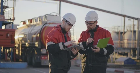 Industrial engineer inside oil and gas refinery using tablet and discussing Stock Footage 108980818