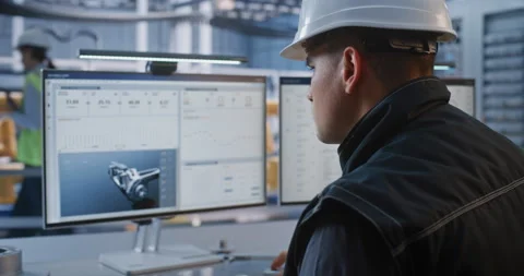 Industrial Engineer Inspecting CAD Car Model and Telemetry Data in High Tech Stock Footage 344389797