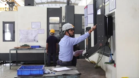 Industrial engineer instructing CNC machine operator on production setup inside Stock Footage 321110212