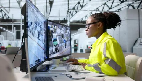 Industrial Engineer Monitors Automated Semiconductor Production Line Using La Stock Photos