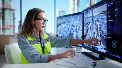 Industrial Engineer Monitors Real-time SCADA Data On Computer Stock Footage 345853892