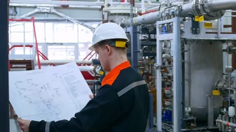 An industrial engineer of process equipment in a polymer production shop checks 스톡 동영상 211053992