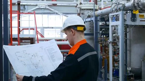An industrial engineer of process equipment in a polymer production shop checks Stock Photos