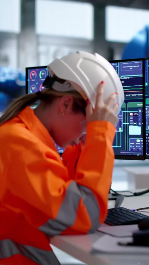 Industrial Engineer Stressed While Checking Broken Machine System Stock Footage 339902301