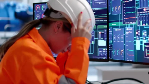 Industrial Engineer Stressed While Checking Broken Machine System Stock Footage 340402598