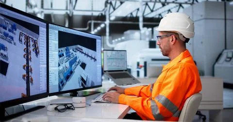 Industrial Engineer Uses 3D Software To Design Efficient Factory Floor Layout Stock Photos