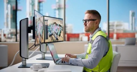 Industrial Engineer Uses 3D Software To Monitor Real-time Pipeline Data. Foto stock