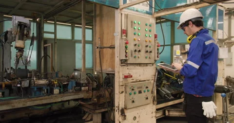 Industrial engineer using tablet and controller box control automation robot arm Video stock 183324820