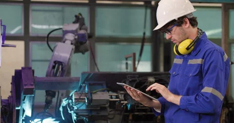 Industrial engineer using tablet check and control automation robot arms machine Stock Footage 183325857
