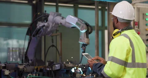 Industrial engineer using tablet check and control automation robot arms machine Stock Footage 183328304