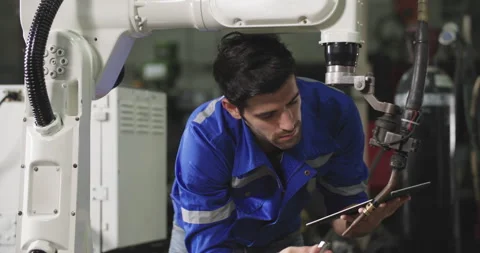 Industrial engineer using tablet check and repair automation robot arms machine. Stock Footage 265567950