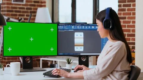Industrial engineer works with CAD software and isolated mockup Stock Photos