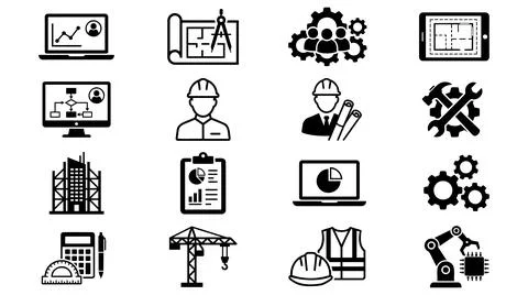 Industrial engineering and construction professional vector icon set Stock Illustration
