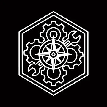 Industrial engineering emblem featuring mechanical gears compass rose and w.. Stock Illustration