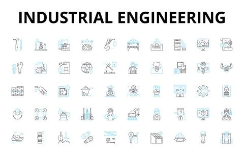 Industrial engineering linear icons set. Manufacturing, Optimization, Automation Illustrazione stock