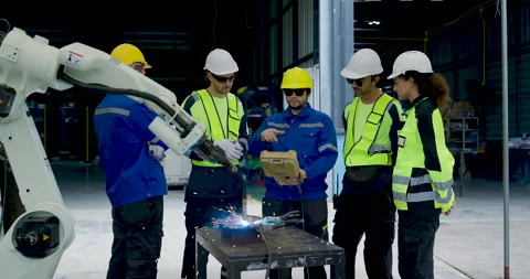 Industrial engineering team monitors automated robotic welding in factory Stock Footage 341684636