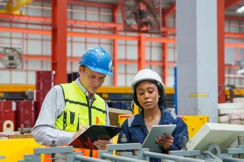 Industrial Engineers Conducting Collaborative Data Analysis and Safety Asse.. Foto stock