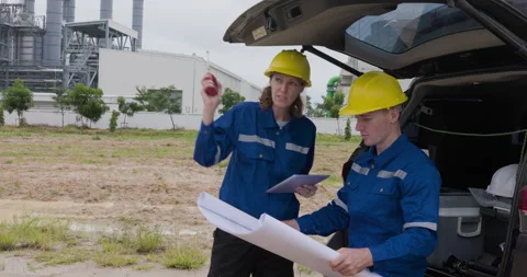 Industrial Engineers Discussing Construction Blueprints At Power Plant Faci.. Stock Footage 336536888
