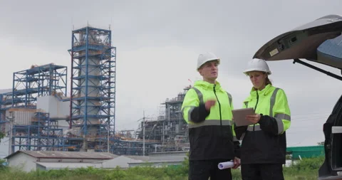 Industrial Engineers Discussing Construction Plans At Power Plant Facility .. Stock Footage 336539535