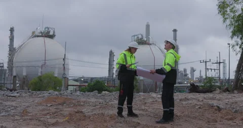 Industrial Engineers Discussing Construction Plans At Refinery Site Medium Sh Stock Footage 338331181