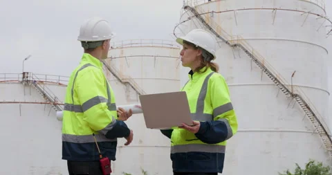Industrial Engineers Discussing Construction Project Plans On Laptop At Oil.. Stock Footage 338330717