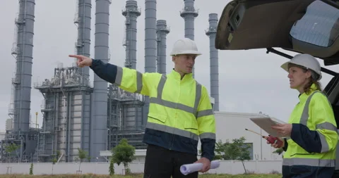 Industrial Engineers Discussing Infrastructure Project Plans At Power Plant.. Stock Footage 336537215