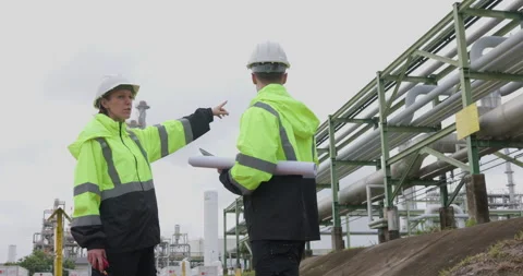 Industrial Engineers Discussing Technical Blueprints At A Chemical Plant Fa.. Stock Footage 336538340