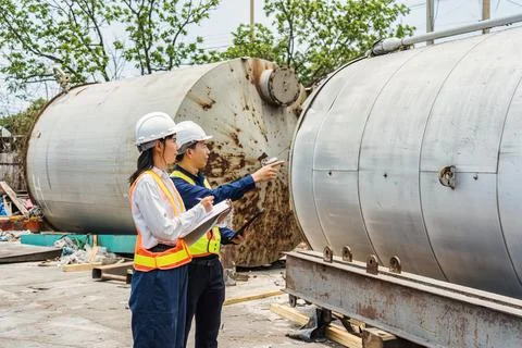 Industrial Engineers Inspecting Large Storage Tank at Factory Site 写真素材
