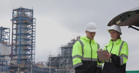 Industrial Engineers Reviewing Construction Plans On Digital Tablet At Ener.. Stock Footage 335672532