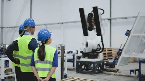 Industrial engineers work with automated arm robot inside AI robotic factory Stock Footage 212970242