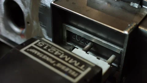 Industrial engraving robot close up. Automatic marking process. Big factory line Vídeo Stock 292787487