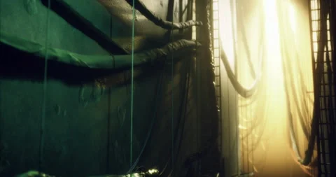 Industrial environment with glowing light and cables in a futuristic setting Stock Footage 314834957
