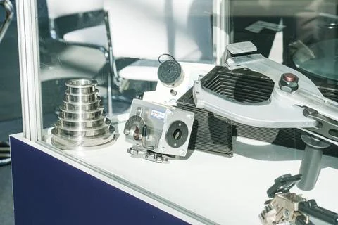 Industrial equipment for cable processing displayed at a trade fair. Metal tools Stock Photos