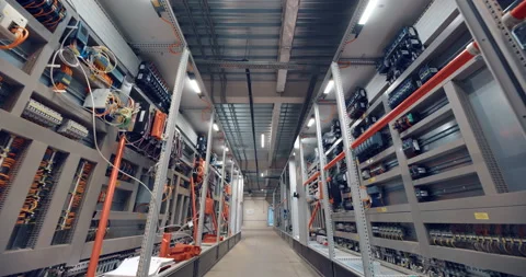 Industrial equipment control room corridor with many wires, electrical parts Stock Footage 161977053