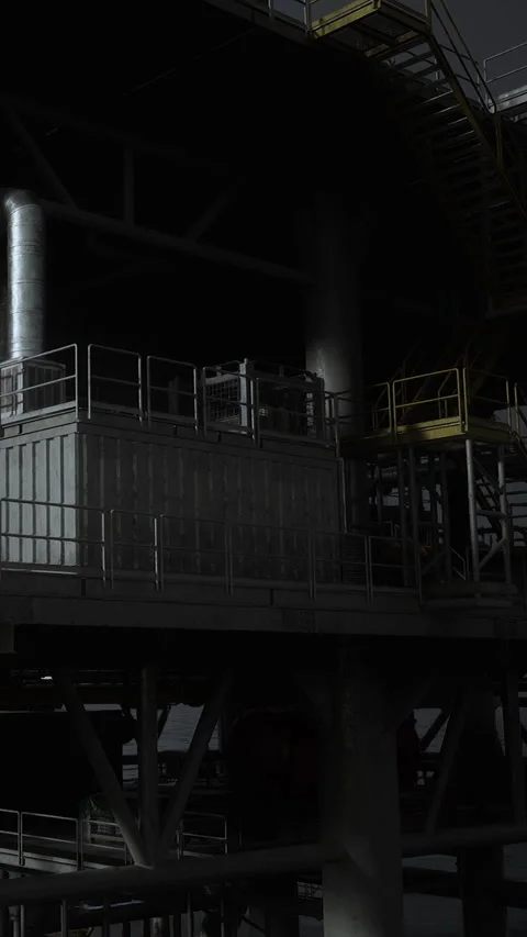 Industrial equipment under the structure at night near the coast Stock Footage 339401399