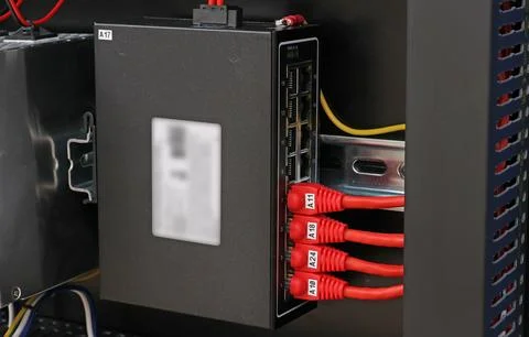 Industrial Ethernet Data Switch with Rj45 connector cables attached. Stock Photos