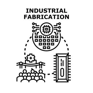 Industrial fabrication process creating microchips and technology components Illustrazione stock