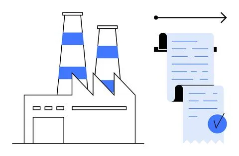 Industrial Facility with Document Process Symbolization and Workflow Indicati Stock Illustration