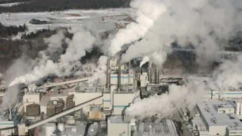 Industrial Facility Of Domtar With Chimney Stack Emitting Thick Smoke At Video stock 149085809