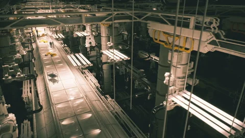 Industrial facility interior with machinery and overhead structures at night Stock Footage 304512947