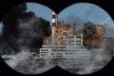Industrial facility with massive explosion, fire and dense smoke observed t.. 스톡 사진