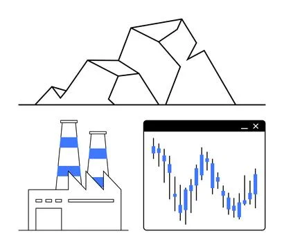 Industrial facility, mountain range, and financial chart representing diver.. Illustrazione stock