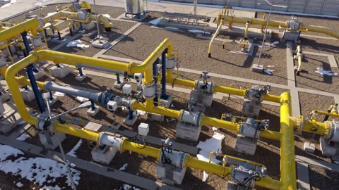 Industrial facility network vibrant yellow tubes channels various liquids Stock Footage 274849503