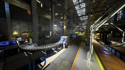 Industrial facility showcasing conveyor system during operational hours Stock Illustration