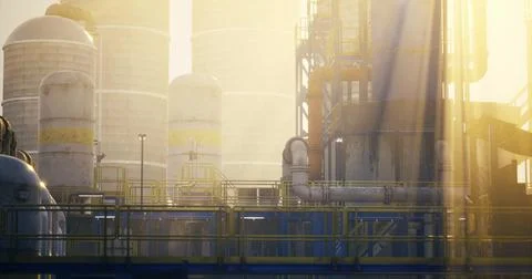 Industrial facility with sunlight casting shadows on storage tanks Stock Illustration